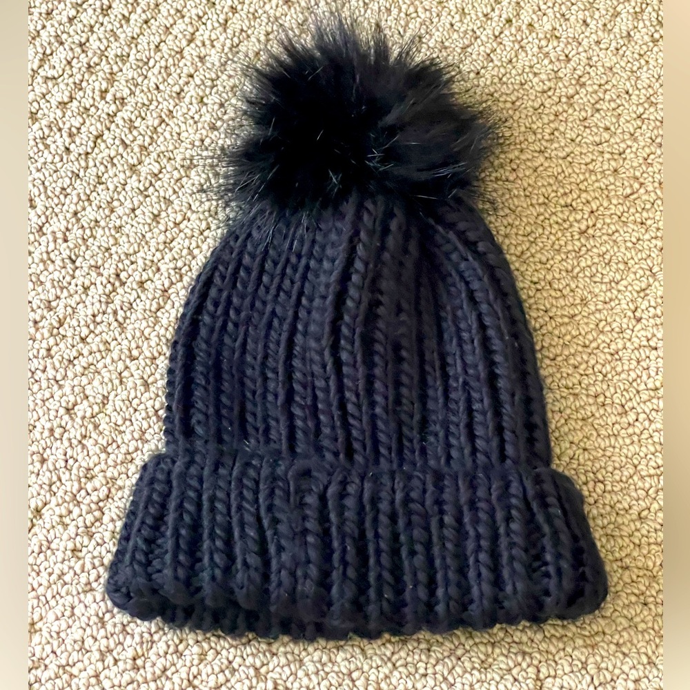 Ladies Knit Beanie in Black with Top Fluff